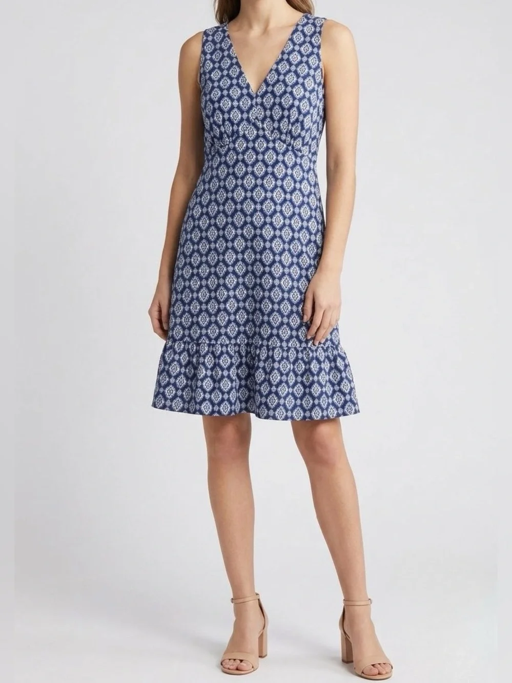 MICHAEL Michael Kors Knit Ruffle Hem Dress L Navy Blue Geometric Sleeveless
